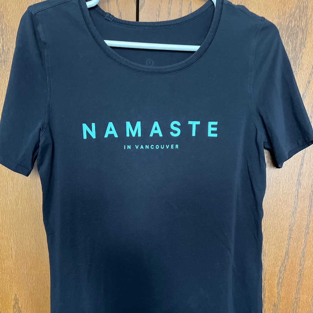 Lululemon Black Namaste in Vancouver tshirt  on the front